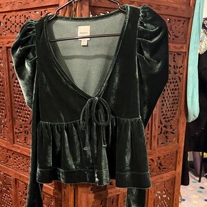 Maeve Dark Green Velvet Tie-Front Peplum Blouse